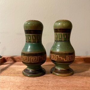 Salt & Pepper Shakers Hand Carved Wood Vintage Green